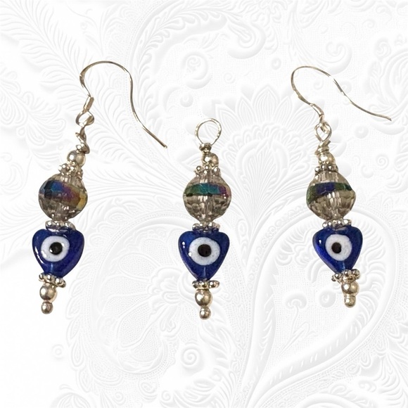 Evil Eye Glass Heart Dangle Earrings and Necklace Charm - Picture 2 of 3